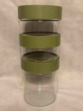 Set Of 3 Vintage Pyrex Stack - N - See Canisters Avocado Green Lids Glass Containers 3