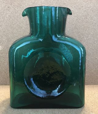 Vintage Blenko Wv Green Blown Glass Double Spout 8 " Water Bottle Carafe Jug
