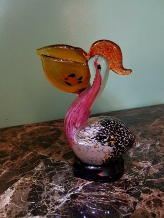 Vintage Murano Style Italy Art Glass Pelican With Orange Fish -