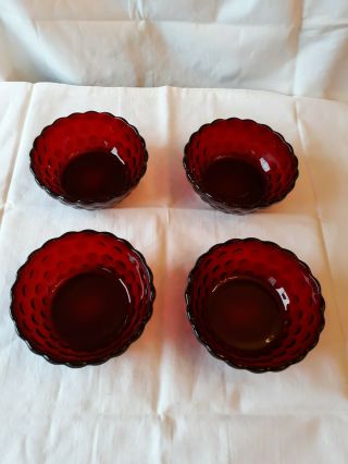 Set Of 4 Vintage Anchor Hocking Royal Ruby Red Bubble Berry Bowls 4 1/2 "