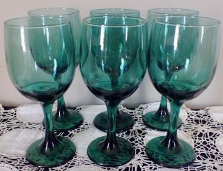 Set Of (7) Vintage Mid Century Green Colored Heavy Wine Glasses Goblets