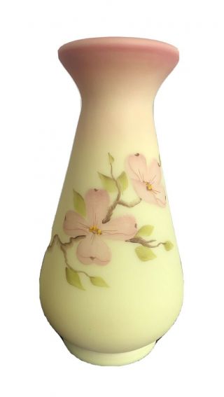 Fenton Yellow Pink Satin Glass Vase With Cherry Blossoms 7.  25” Tall Hand Painted