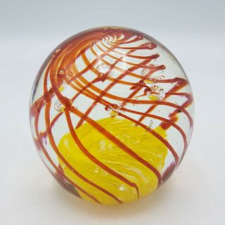 Vintage Art Glass Paperweight W/ Yellow & Orange Swirl Design 3 " Tall