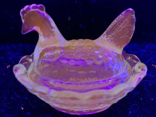 Aqua Blue Vaseline Glass Salt Celt Dip Hen / Chicken On Nest Basket Dish Uranium