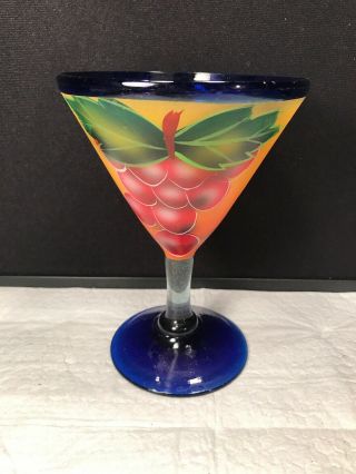 Vintage Hand Painted Goblet With Cobalt Base And Rim Hand Blown 6 1/2  Tall