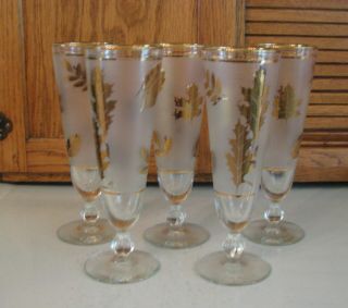 Libbey Vintage Gold Leaf Frosted Pilsner Glasses Set Of 5 Beverage Beer