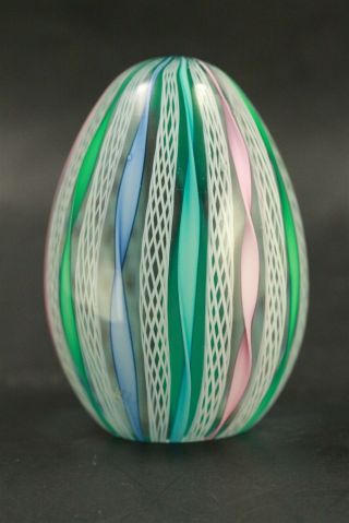Vintage Murano Egg Shaped Art Glass Latticino Ribbon Paperweight