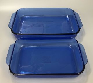 Set Of 2 Vtg Pyrex Cobalt Blue Glass 2 & 3 Quart Casserole Baking Dish Aa