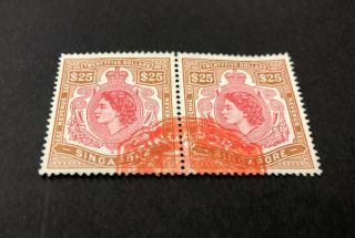 Malaya Singapore 1953 Qe2 $25 Pair Revenue Straits Malaysia Queen