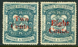 North Borneo 1890 2c/25c & 8c/25c Sg 51 & 52 Hinged (cat.  £215) Faults
