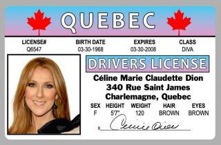 Celine Dion 001 Quebec Canada Novelty Drivers License Id Card