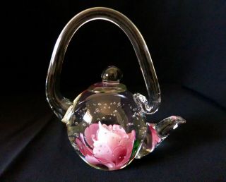 Murano Italy Style 5.  2 " Pink Rose Art Glass Figurine Teapot Paperweight Ornament