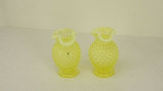 Pair Antique Vintage Fenton Yellow Opalescent Hobnail Small 4 " Bud Vases