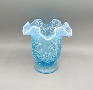 Vintage Fenton Blue Opalescent Diamond Lace Hobnail Pattern Ruffled Edge Vase