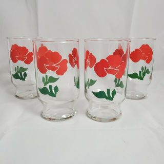 Set Of 4 Vintage Anchor Hocking Red Flowers Footed Small Juice Glasses - Great