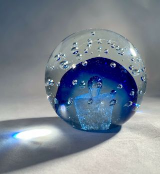 Vintage Art Glass Paperweight - Controlled Bubble - Vortex - Clear/cobalt Sumerso - 3”
