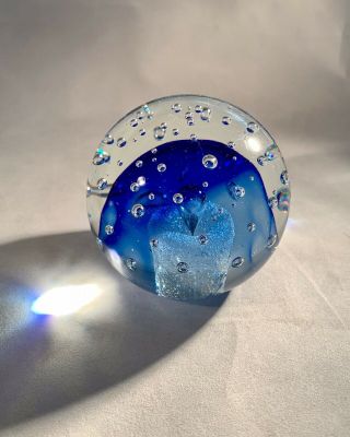 Vintage Art Glass Paperweight - Controlled Bubble - Vortex - Clear/Cobalt Sumerso - 3” 2