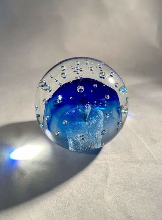 Vintage Art Glass Paperweight - Controlled Bubble - Vortex - Clear/Cobalt Sumerso - 3” 3