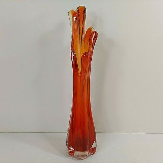 Viking Swung Glass Vase Red Orange Clear Amberina Polished Bottom 15 " Vintage