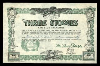 Vintage Three Stooges Fan Club Franchise Certificate 1959