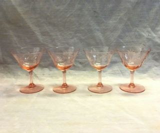Set Of 4 Vintage Pink Depression Glass Etched Panel Wine Champagne 4.  5 " Goblets