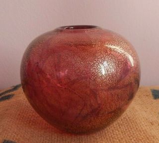 Pretty Isle Of Wight Red Azurene Glass Squat Vase C1980 With Label
