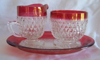 Vintage Indiana Glass Ruby Flash Diamond Point Sugar Creamer Set Usa