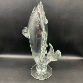 Hand Blown Art Glass Clear Standing Fish Vase On Base 11 1/2 "