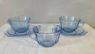 Two Vintage Blue Federal Glass Madrid Depression Saucers And Three Cups