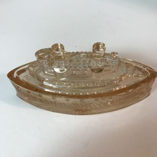 Vintage 1930’s “remember The Maine” Pink Depression Glass Candy Container/dish