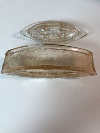 Vintage 1930’s “Remember The Maine” Pink Depression Glass Candy Container/dish 3