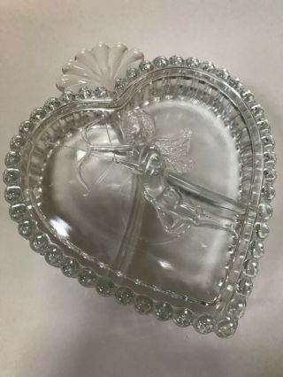 Vintage Clear Glass Heart Shaped Candy Dish W/ Lid,  Embossed Cupid