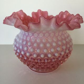 Vintage Fenton Glass Company Pink White Hobnail Ruffled Top Vase