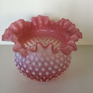 Vintage Fenton Glass Company Pink White Hobnail Ruffled Top Vase 2