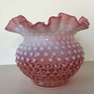 Vintage Fenton Glass Company Pink White Hobnail Ruffled Top Vase 3