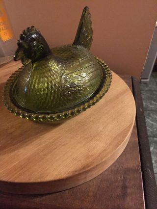 Vintage Indiana Glass Olive Green Nesting Chicken Hen Bowl Covered Candy Dish 7 "
