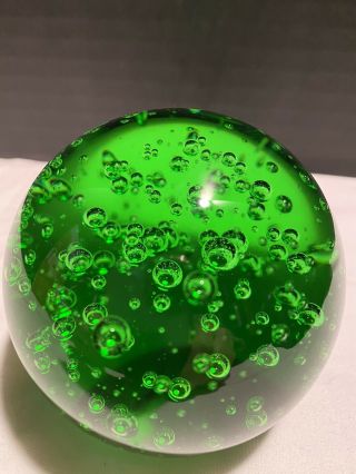 Hand Blown Green Glass Ball Paperweight With Controlled Bubbles 9 Inch Diameter