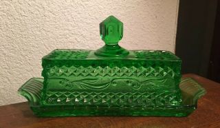 Vintage Emerald Green Cut Glass Covered Butter Dish