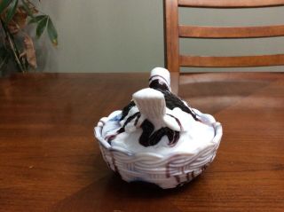 Vintage Hen Chicken On Nest Basket Covered Dish Purple Marble Slag Milk Glass