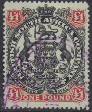 Rhodesia 1897 £1 One Pound Black & Red - Brown On Green Sg 73 Perfin Fiscally