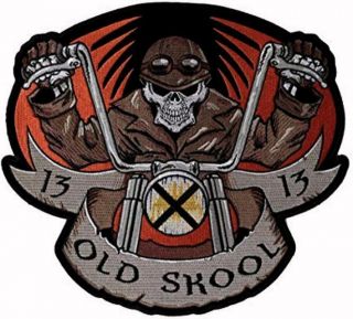 Old Skool Biker Skull Lucky 13 Embroidered Patch - Iron Or Sew - On 4 X 3.  75