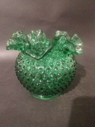 Rare Vintage Fenton Green Hobnail Vase Ruffled Top
