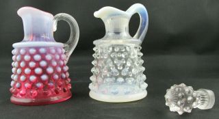 Two FENTON Cruets small pitcher hobnail opalescent cranberry and blue 2