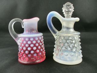 Two FENTON Cruets small pitcher hobnail opalescent cranberry and blue 3