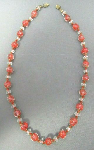 Vintage Italy Murano Rose Gold Dust Shimmer Cranberry Glass Bead Barrel Necklace