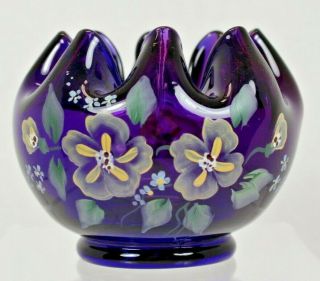 Fenton Art Glass Plum / Purple Hand Painted Floral Rose Bowl Signed By Artist