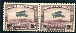 S.  W.  A.  1931 Air Issue 10d Black & Purple - Brown Bilingual Pair Mlh.  Sg 87.  Sc C6.