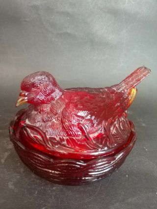 Vintage Ruby Red Bird On Nest Lidded Candy Dish