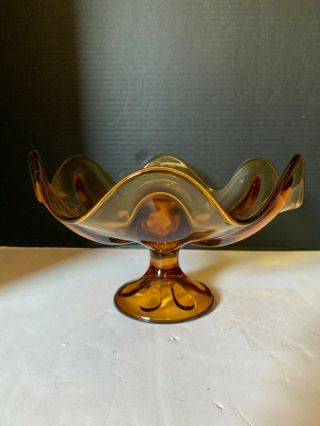 Vintage Mid Century Modern Viking Glass Epic Line Amber 6 Petal Pedestal Bowl