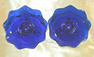 Vtg.  Pair Fenton Glass Cobalt Blue Lotus Flower Shaped 3 - Footed Candle Holders